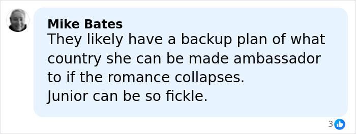 Comment by Mike Bates reacting to Donald Trump Jr.'s engagement soon after breakup, sparking hilarious reactions online.