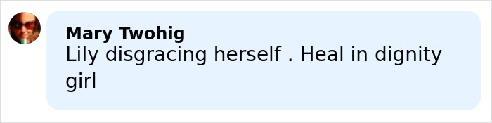 Comment criticizing Lily Allen for her behavior, mentioning disgrace and healing with dignity.