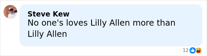 Steve Kew commenting about Lily Allen in a social media post related to continual divorce celebration and revenge era.