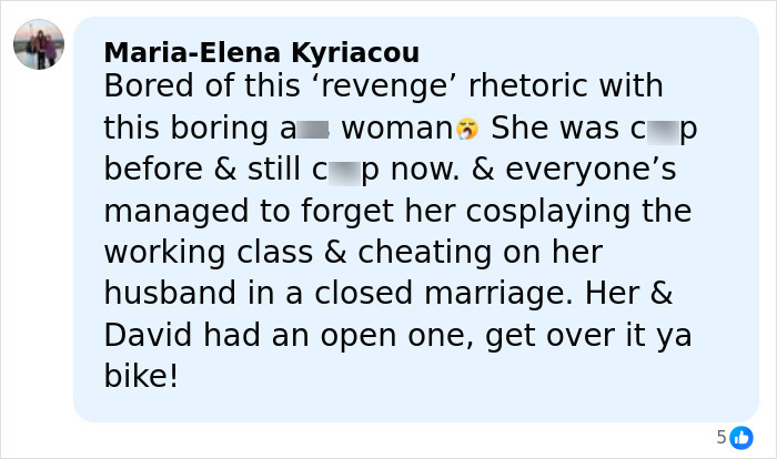 Comment criticizing revenge rhetoric and cheating in a marriage amid continual divorce celebration mentions.