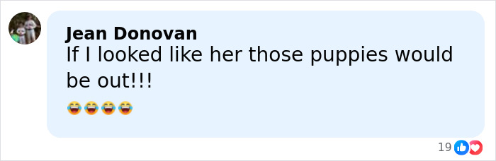 Comment by Jean Donovan expressing admiration for a woman, featuring laughing emojis on a social media post.