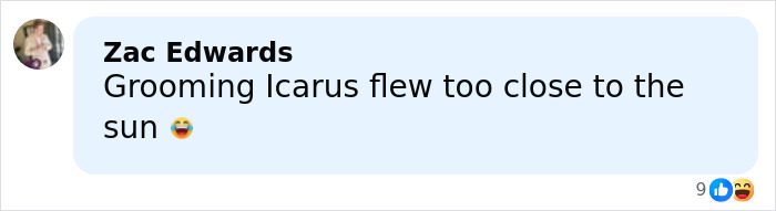 Comment by Zac Edwards about grooming Icarus, sharing a laughing emoji on a social media post discussing Bonnie Blue scandalous video.
