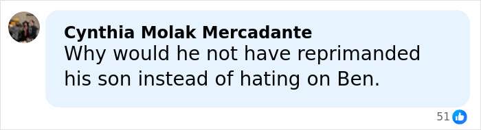 Comment from Cynthia Molak Mercadante questioning Steven Spielberg refusing to work with Ben Affleck after incident with director's son.