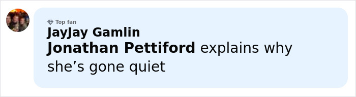 Social media comment by JayJay Gamlin and Jonathan Pettiford discussing why an infamous adult star has gone quiet. Social media comment by JayJay Gamlin and Jonathan Pettiford discussing why an infamous adult star has gone quiet.