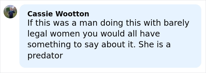 Comment by Cassie Wootton criticizing Bonnie Blue, describing her as a predator involving barely legal women. Comment by Cassie Wootton criticizing Bonnie Blue, describing her as a predator involving barely legal women.
