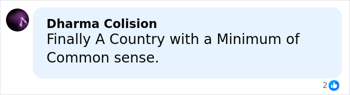 Comment by Dharma Colision saying finally a country with a minimum of common sense in a light blue box with profile picture on social media platform. Comment by Dharma Colision saying finally a country with a minimum of common sense in a light blue box with profile picture on social media platform.