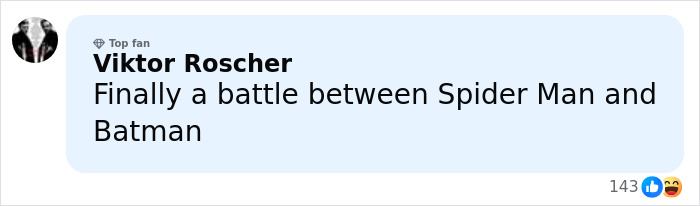 Comment by Viktor Roscher excited about a battle between Spider Man and Batman in a social media thread discussion. Comment by Viktor Roscher excited about a battle between Spider Man and Batman in a social media thread discussion.