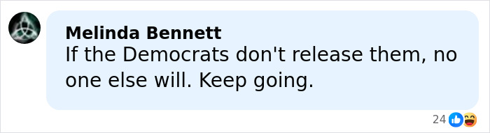 Comment by Melinda Bennett urging Democrats to release new Epstein files revealing photos of women marked with disturbing messages. Comment by Melinda Bennett urging Democrats to release new Epstein files revealing photos of women marked with disturbing messages.