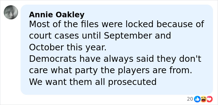 Screenshot of a social media comment discussing court-locked Epstein files and the desire for prosecution of involved women. Screenshot of a social media comment discussing court-locked Epstein files and the desire for prosecution of involved women.