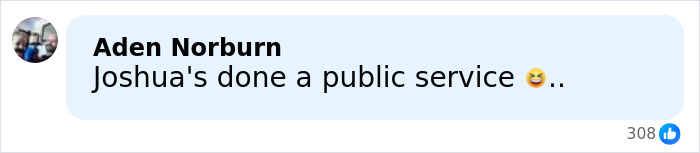 Comment by Aden Norburn saying Joshua's done a public service with a laughing emoji, discussing Jake Paul's broken jaw punchline.