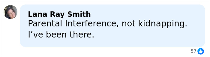 Comment by Lana Ray Smith about parental interference and kidnapping in an online social media discussion. Comment by Lana Ray Smith about parental interference and kidnapping in an online social media discussion.