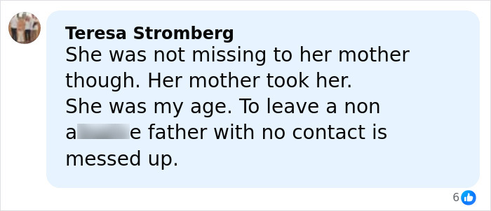 Screenshot of a Facebook comment discussing a child kidnapped from Kentucky found alive after over 40 years. Screenshot of a Facebook comment discussing a child kidnapped from Kentucky found alive after over 40 years.