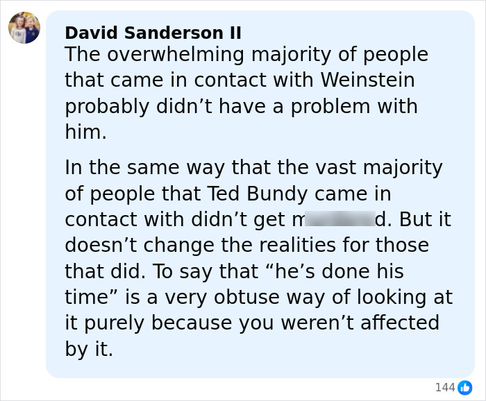 Comment discussing Dame Judi Dench's defense of Harvey Weinstein and public outrage over his time served statement. Comment discussing Dame Judi Dench's defense of Harvey Weinstein and public outrage over his time served statement.