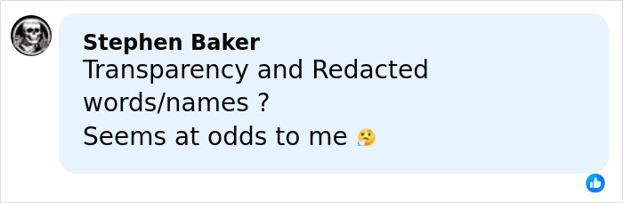 Comment by Stephen Baker questioning transparency and redacted names, expressing doubt with a thinking emoji.