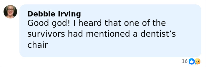 Comment from Debbie Irving about hearing a survivor mention a dentist&rsquo;s chair related to Epstein&rsquo;s private island home.