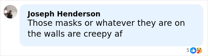 Comment mentioning masks on walls as creepy, referencing eerie new images from Epstein&rsquo;s private island home.