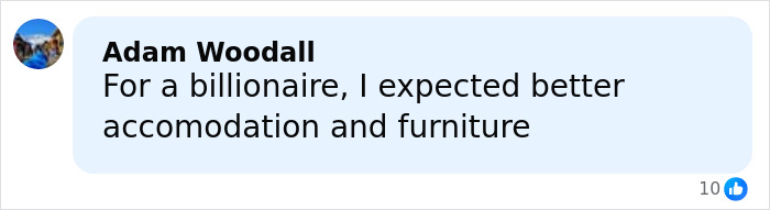 Comment by Adam Woodall on social media criticizing accommodation and furniture on Epstein&rsquo;s private island home.