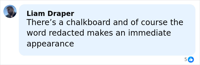 Comment by Liam Draper mentioning a chalkboard with the word redacted in Epstein&rsquo;s private island home.
