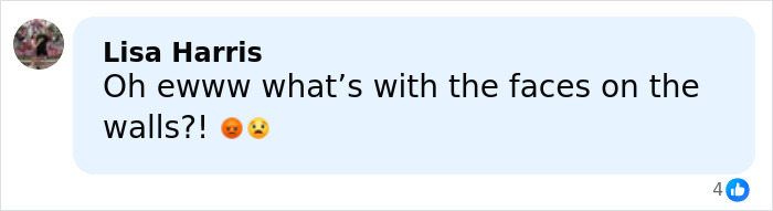 Comment from Lisa Harris expressing disgust about faces on walls in eerie new images from Epstein&rsquo;s private island home.