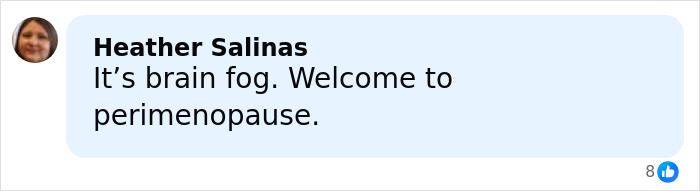 Comment by Heather Salinas discussing brain fog and perimenopause, related to low brain activity after scan. Comment by Heather Salinas discussing brain fog and perimenopause, related to low brain activity after scan.