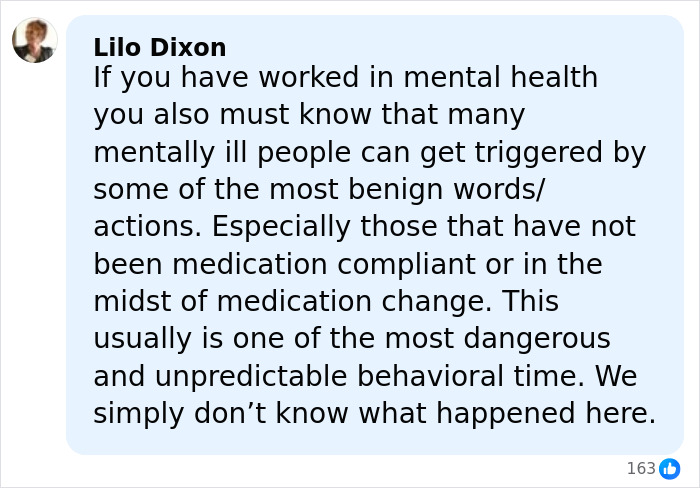 Text message screenshot from Lilo Dixon discussing mental health triggers and unpredictable behavior in mentally ill individuals.