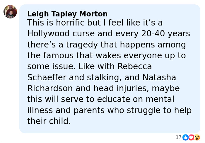 Comment by Leigh Tapley Morton discussing Hollywood tragedies and mental illness awareness related to Rob Reiner&rsquo;s daughter Romy being scared of brother Nick.
