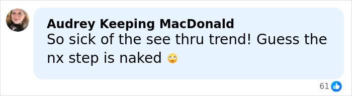 Comment reacting to see-through dress trend with emoji, expressing frustration about the next fashion step being naked.
