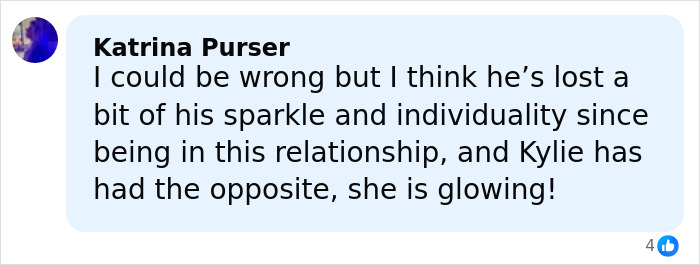 Comment from Katrina Purser discussing Timoth&eacute;e Chalamet and Kylie Jenner&rsquo;s relationship and fan reactions.