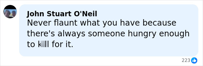 Comment by John Stuart O'Neil warning against flaunting wealth due to risks related to crypto scammer cases. Comment by John Stuart O'Neil warning against flaunting wealth due to risks related to crypto scammer cases.
