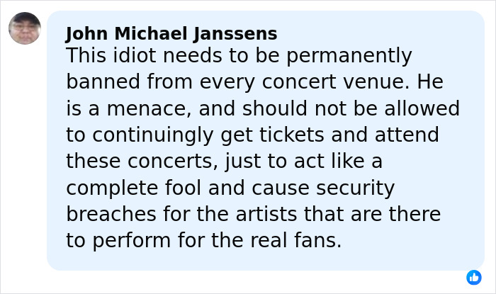 Comment criticizing a man jailed for attacking Ariana Grande and causing trouble at Lady Gaga&rsquo;s concert.