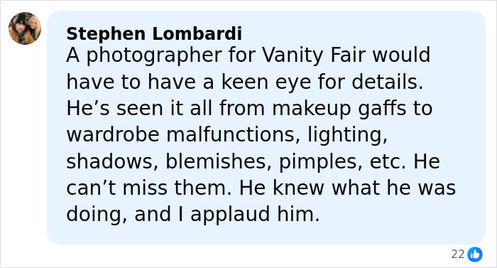Comment praising Vanity Fair photographer&rsquo;s attention to details defending Karoline Leavitt&rsquo;s close-up photo.