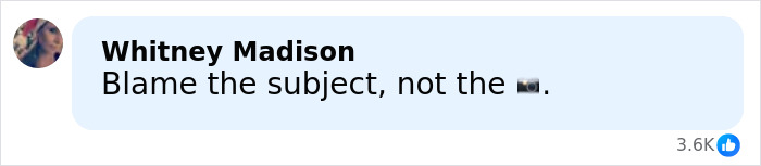 Screenshot of a social media comment reading Blame the subject, not the camera in response to lip filler marks mockery.
