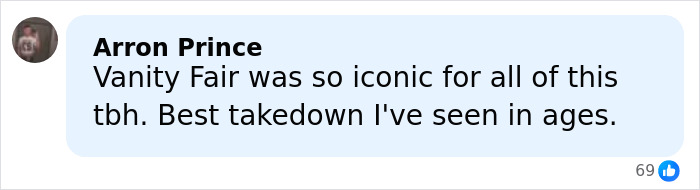 Comment from Arron Prince praising Vanity Fair's takedown over Karoline Leavitt's close-up and lip filler marks mockery.