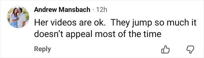 Comment from Andrew Mansbach critiquing a pizza maker&rsquo;s videos, saying they jump too much and don&rsquo;t appeal most times.