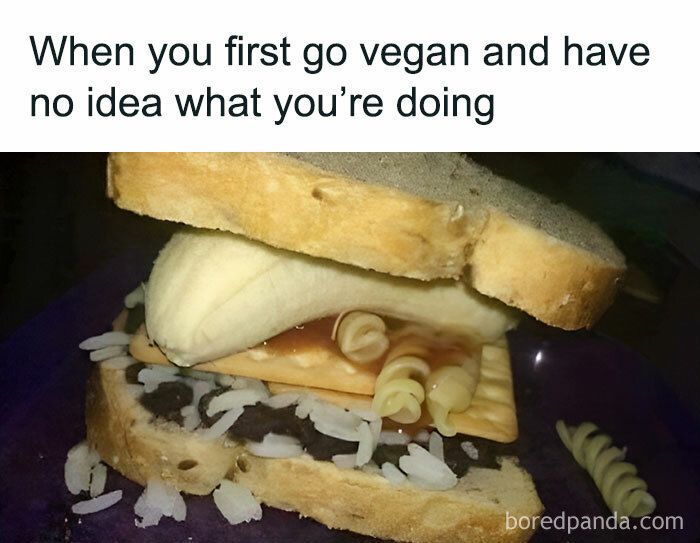 Unusual vegan sandwich with rice, banana, pasta, and peanut butter, part of hilarious food memes to laugh at dinner time.