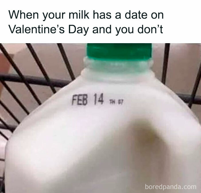Milk carton with a February 14 expiration date, humorously relating to hilarious food memes about waiting for dinner.