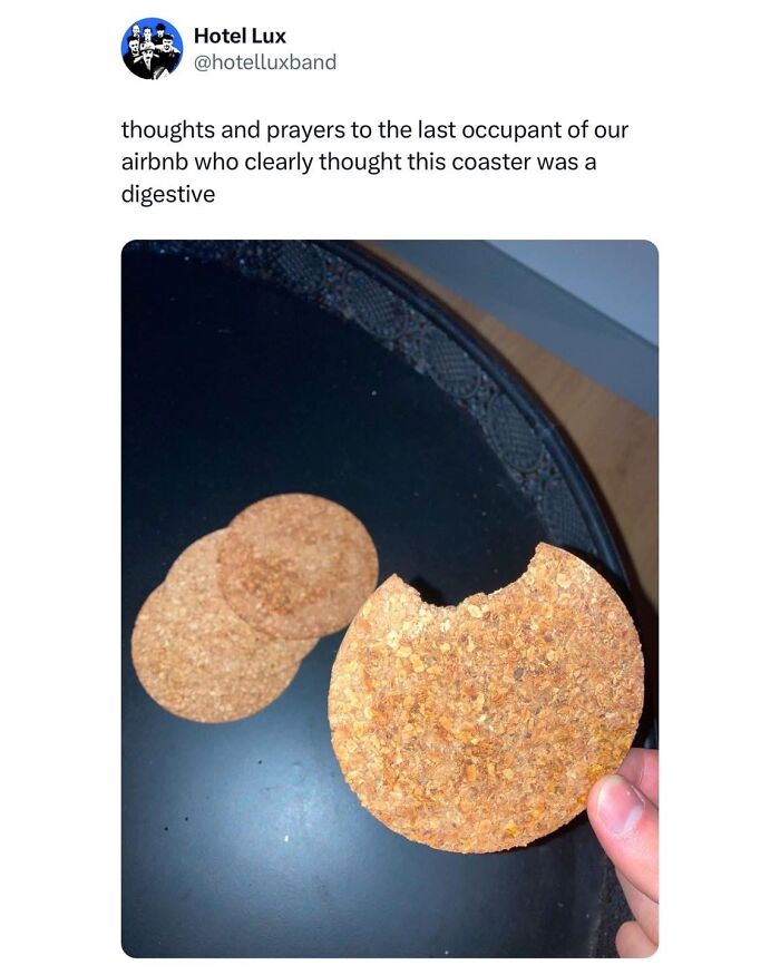 Funny food meme showing someone biting a coaster mistaken for a digestive biscuit, fitting hilarious food memes theme.