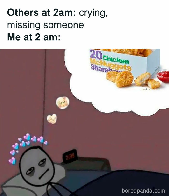 Person lying in bed at 2 am, thinking about chicken nuggets with hearts, showcasing funny food memes.