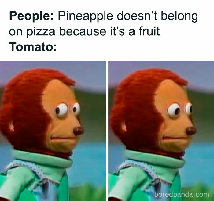 Meme showing a monkey puppet looking sideways humorously, a popular image in food memes about pizza toppings.