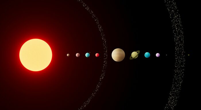 Solar system model showing planets aligned with asteroid belts, illustrating facts that sound made up but are true.