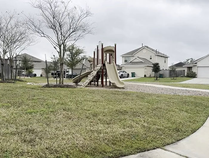 Playground and residential homes in a Texas neighborhood where a heroic dad rescues kidnapped daughter by tracking her phone.