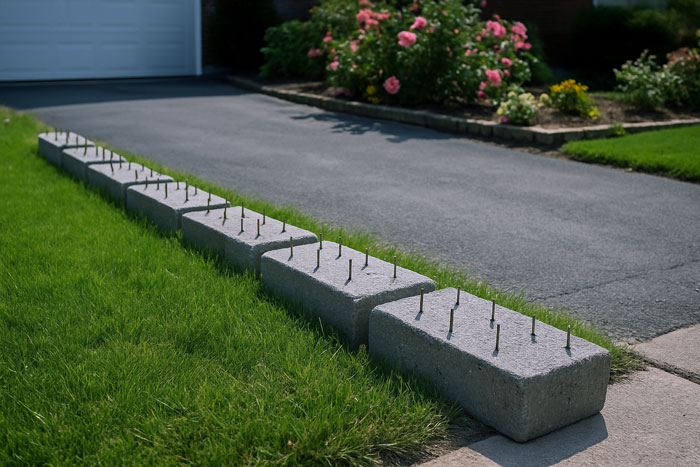 Concrete blocks with nails placed along a yard edge to stop an entitled neighbor from driving over the grass.