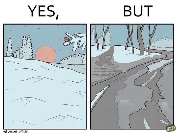 Winter landscape with snow and sunset under yes but comics style, capturing modern life’s strangeness in a humorous way.