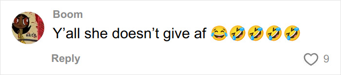 Comment on social media expressing indifference with laughing emojis related to Cinnabon worker's racist tirade controversy.