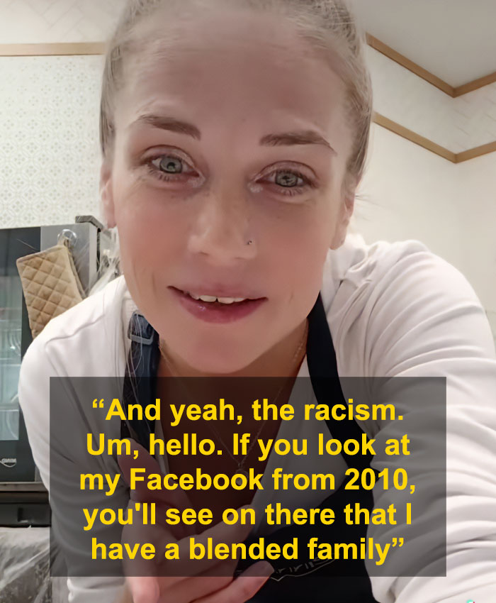 Close-up of a woman in a kitchen discussing racism involving Cinnabon worker and Somali couple conflict.