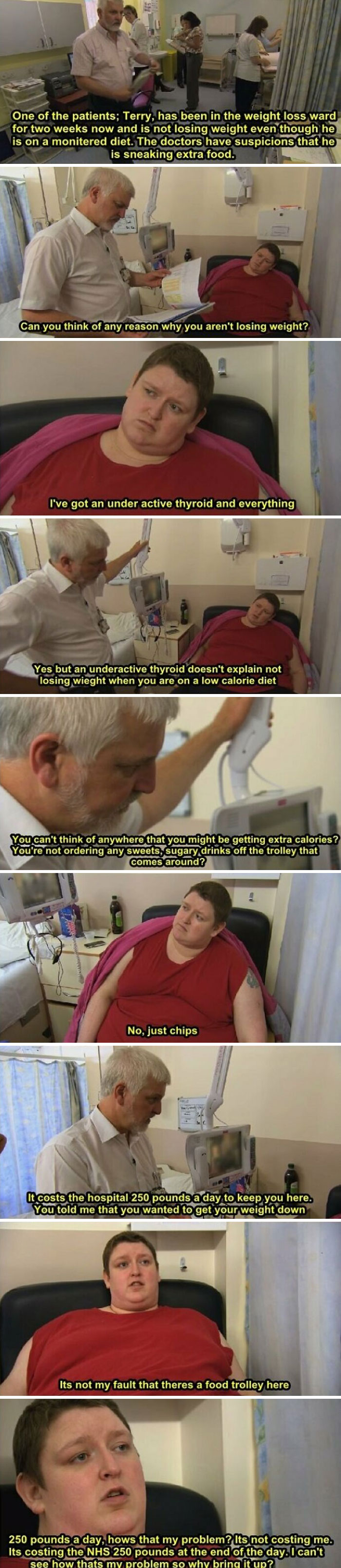 Patient and doctor discuss weight loss issues in a hospital room, highlighting frustration in rage-inducing moments.