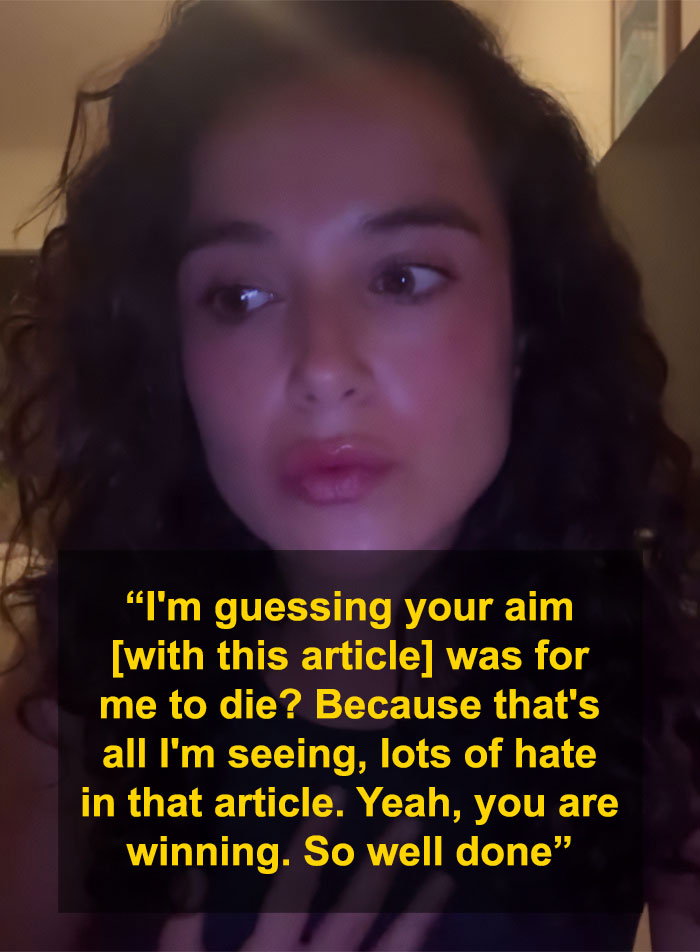 Swimwear model with curly hair responding emotionally amid outrage over tone deaf posts after Bondi Beach attack.