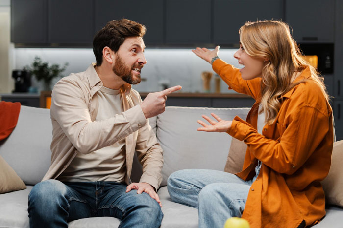 Woman cancels Thanksgiving after arguing on couch with partner, both angrily pointing and gesturing in living room.