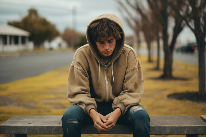 Teen boy in a torn hoodie sitting alone on a bench, reflecting on refusing to establish relationship with fathers and kids.