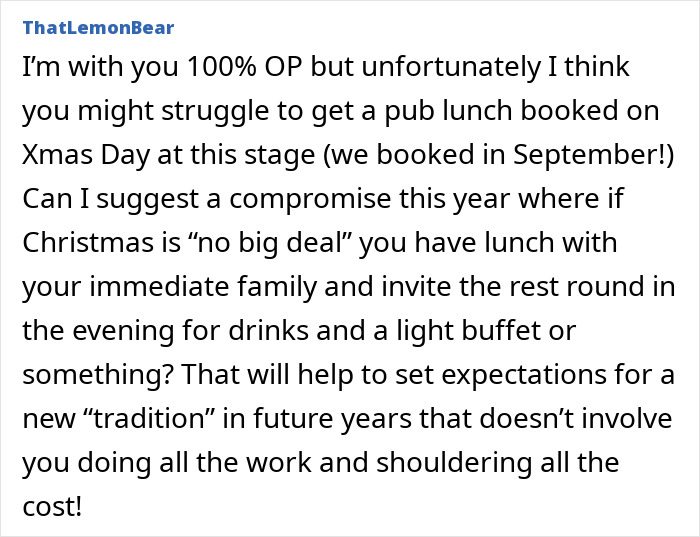Comment discussing family demands on one person to host Christmas dinner despite not helping, highlighting earning the most as reason.